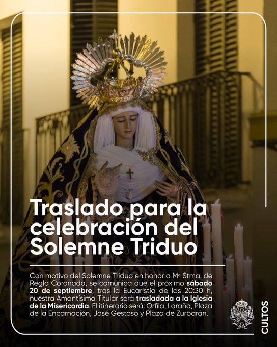 Traslado de María Santísima de Regla de Los Panaderos: horario e itinerario este sábado en Sevilla